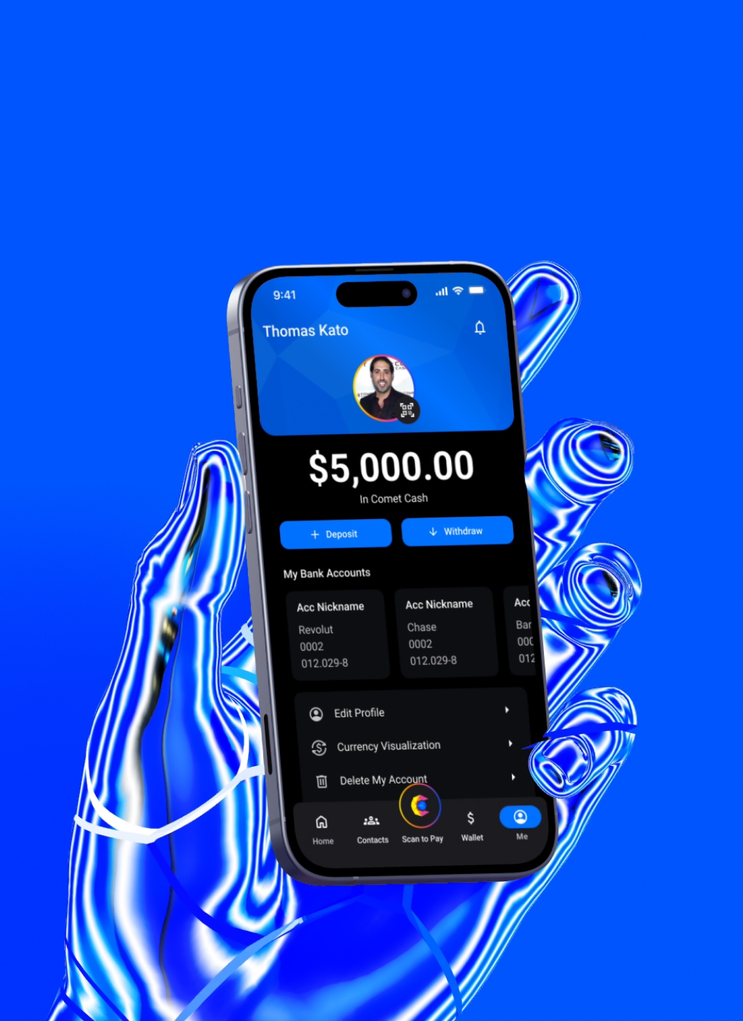 transparent hand is holding the phone with comet cash app